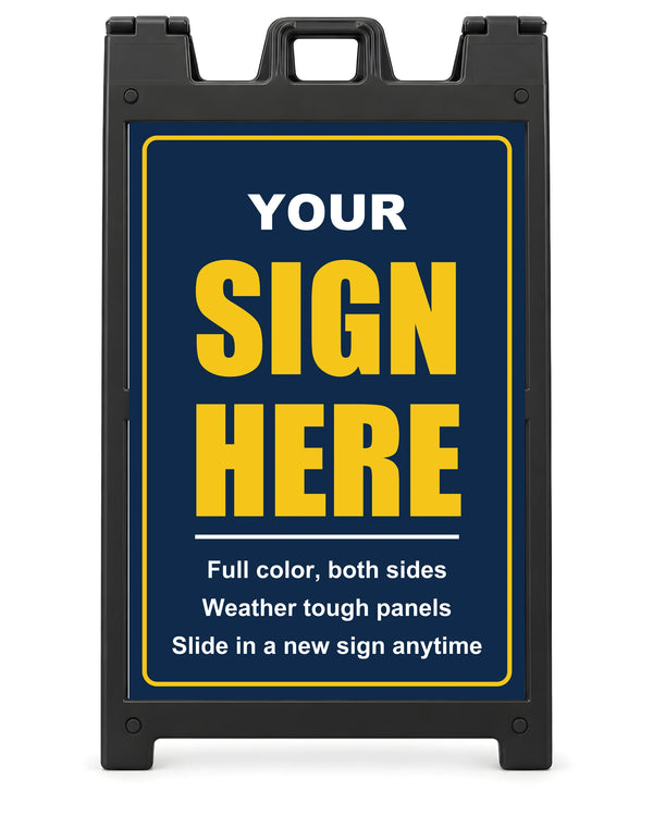 Custom printed 24 x 36 inch sign in a black Signicade Deluxe A-frame sidewalk sign, shown straight on