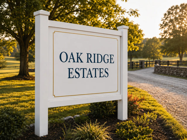 White AlumaCorr rigid aluminum sign in a post and rail frame at a countryside property entrance