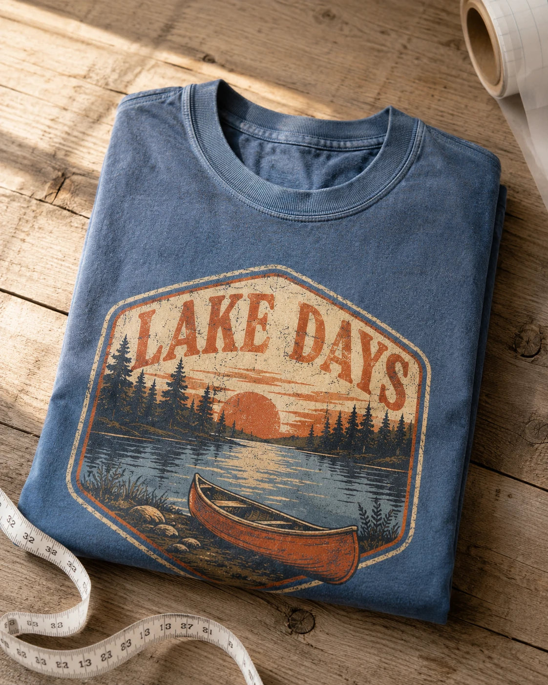 Custom Comfort Colors 1717 heavyweight t-shirt in Blue Jean with a full-color lake badge DTF print, folded on a wood table