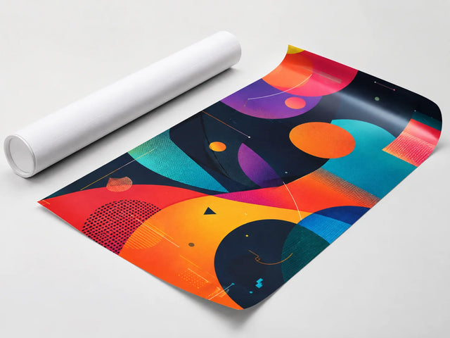 Custom wide-format poster with a colorful abstract design unrolled on a table beside its white shipping tube