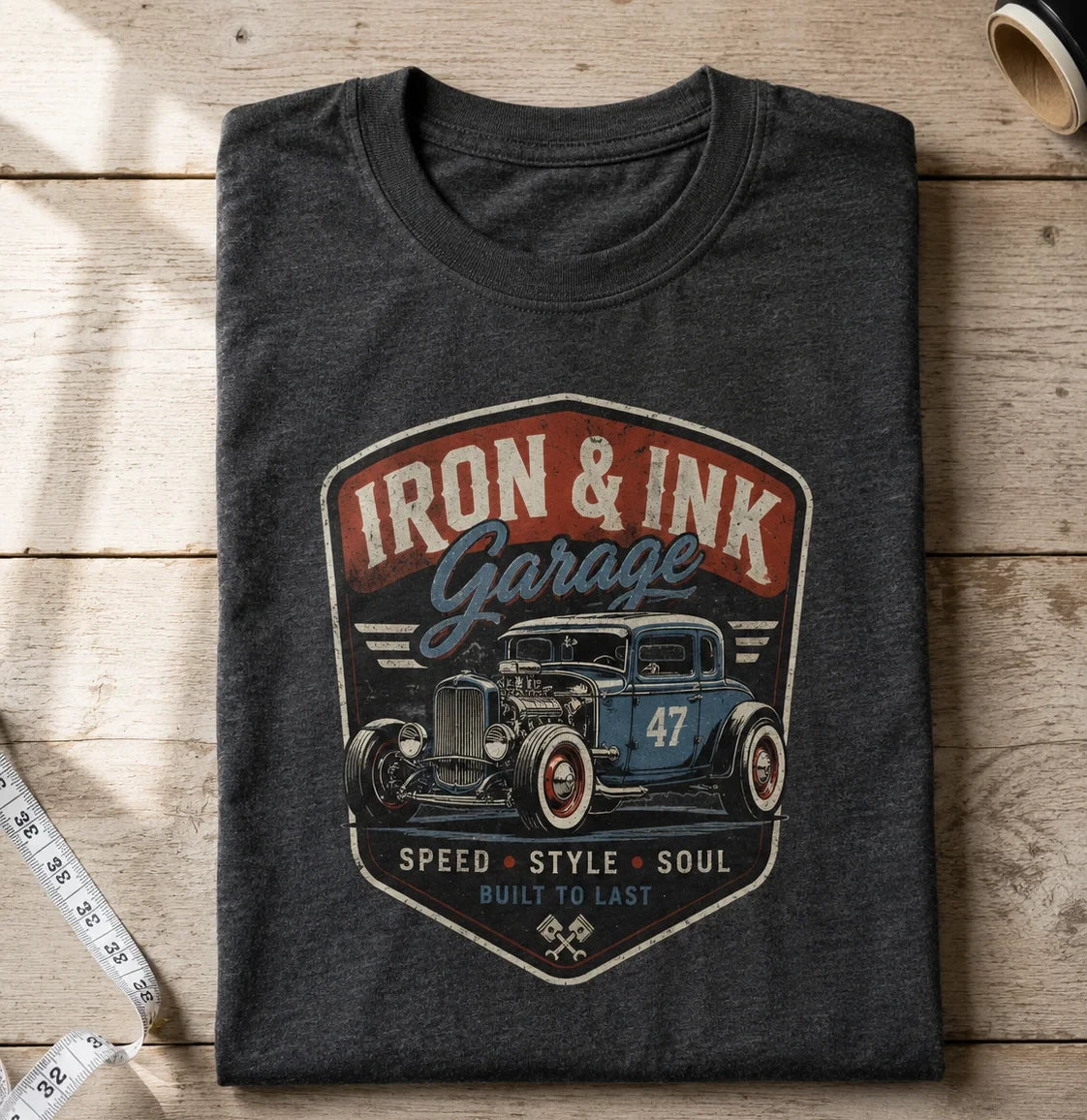 Custom printed charcoal heather t-shirt folded on a wood table, full color vintage hot rod design DTF printed on the chest