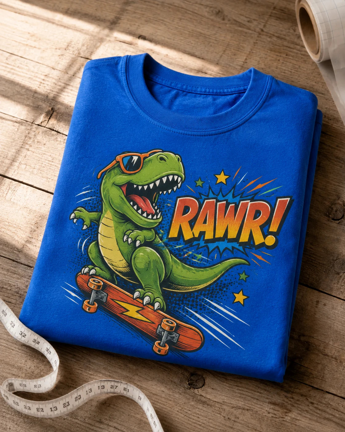 Custom youth t-shirt in Royal blue with a full-color skateboarding T-rex DTF print, folded on a wood table
