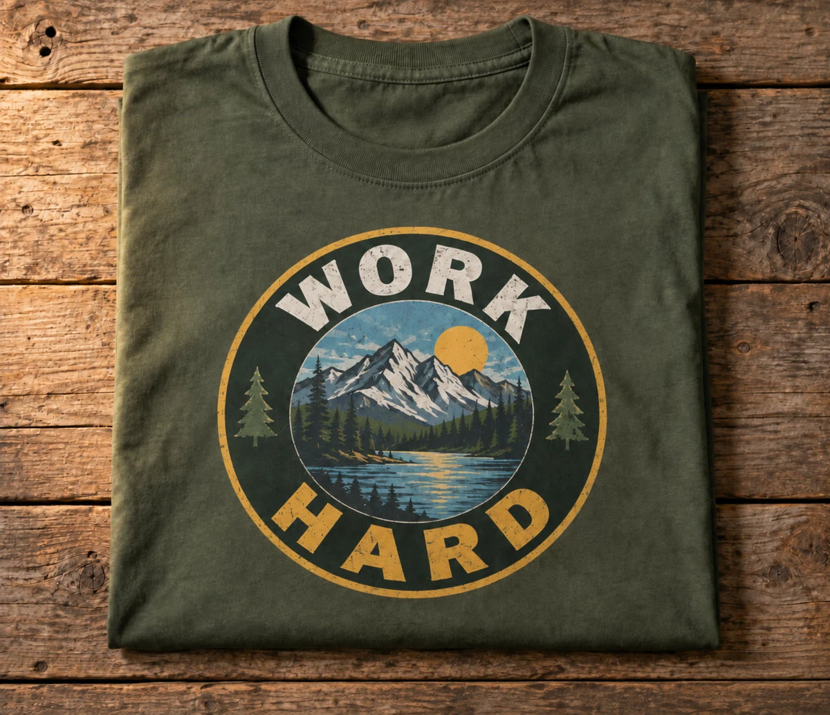 Custom Gildan Ultra Cotton t-shirt in Military Green with a full-color WORK HARD mountain badge DTF print, folded on a wood table