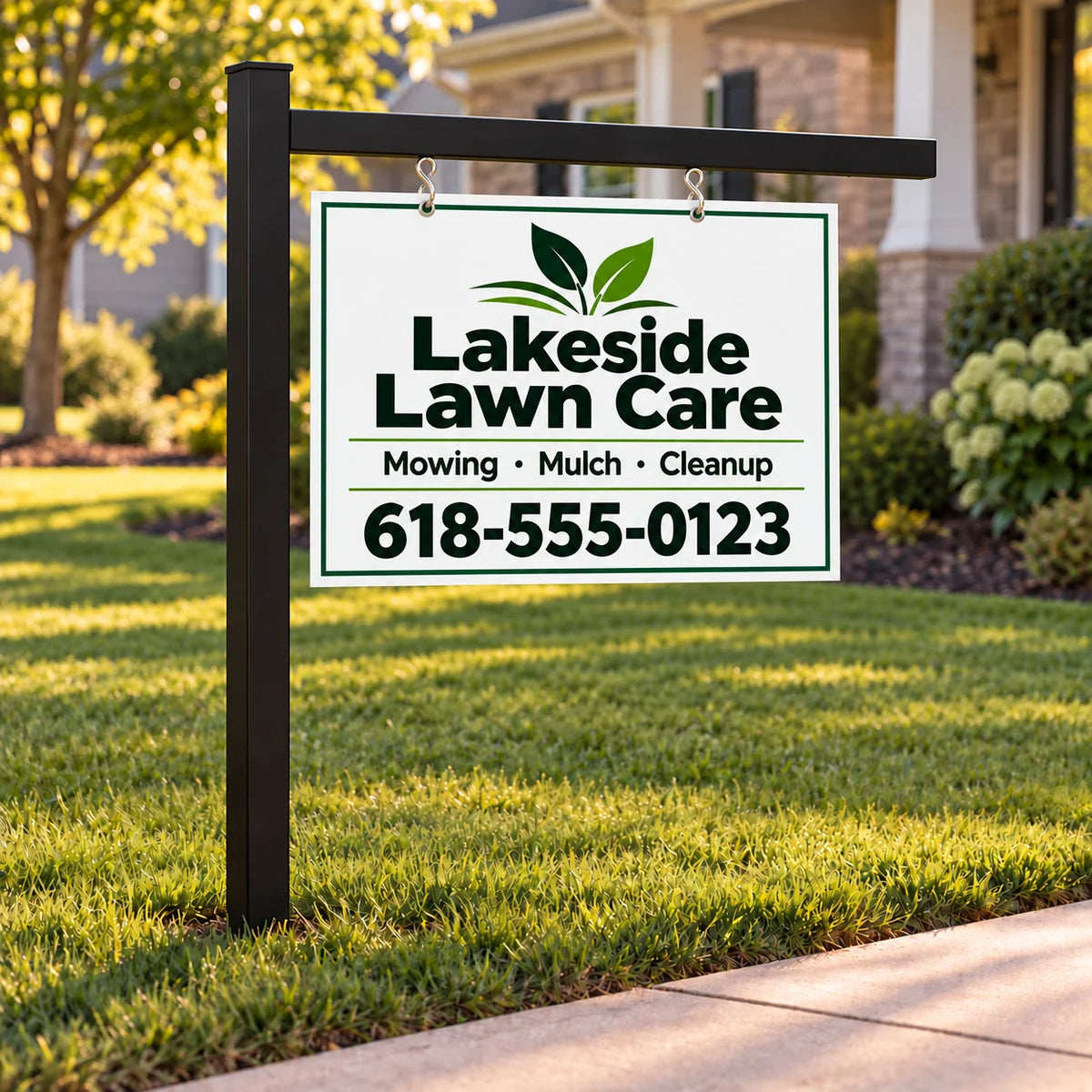 Hanging yard sign post: black aluminum post with a printed Lakeside Lawn Care metal sign on two S-clips