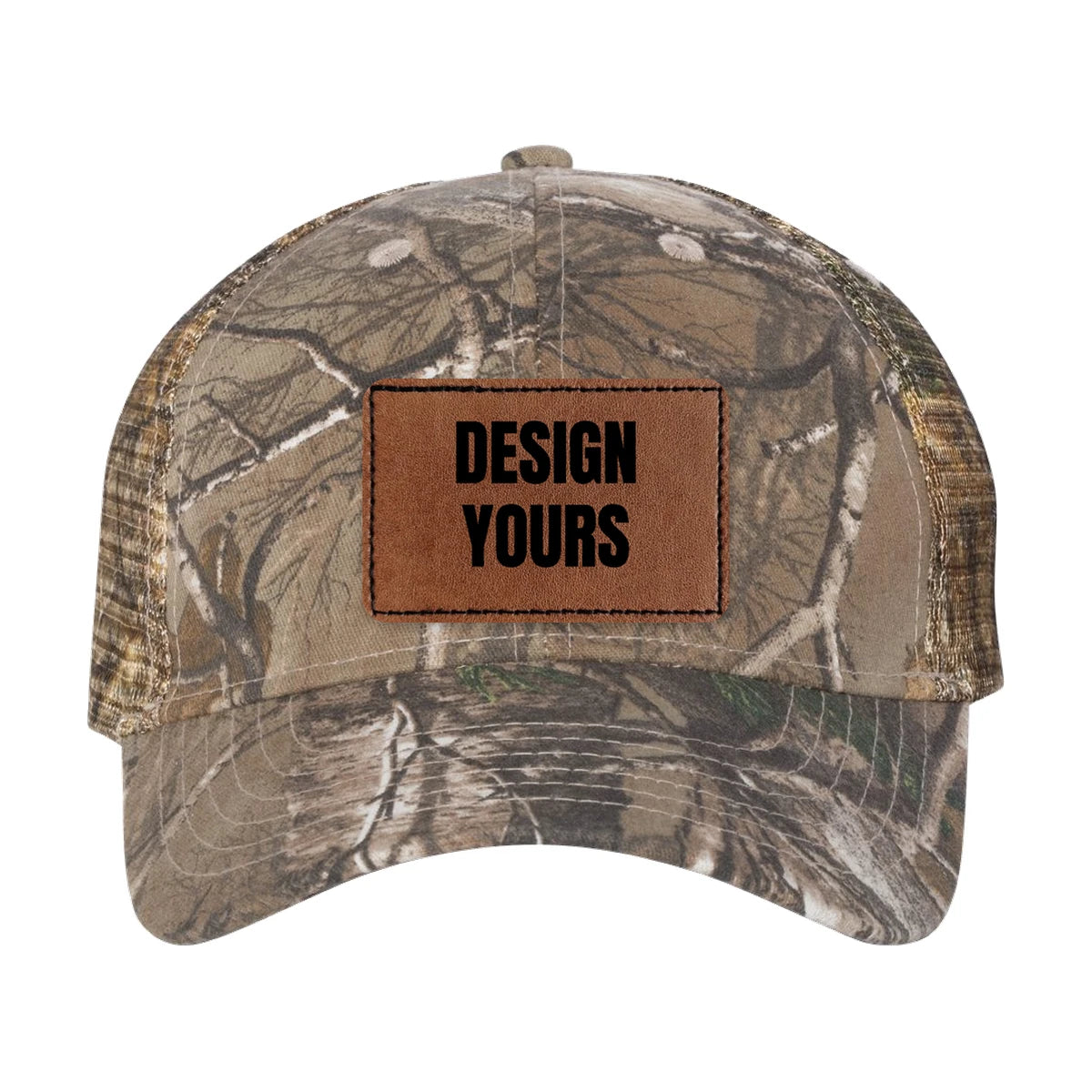 Custom Realtree camo leather patch hat, Kati LC5M mesh back cap in Realtree Xtra, laser-etched patch reading Design Yours
