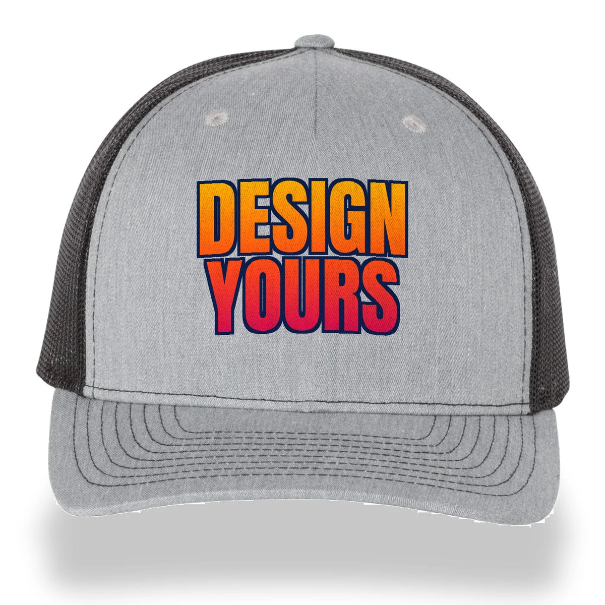 Custom printed Richardson 112FP trucker hat, heather grey five-panel front with black mesh and a full-color DESIGN YOURS print