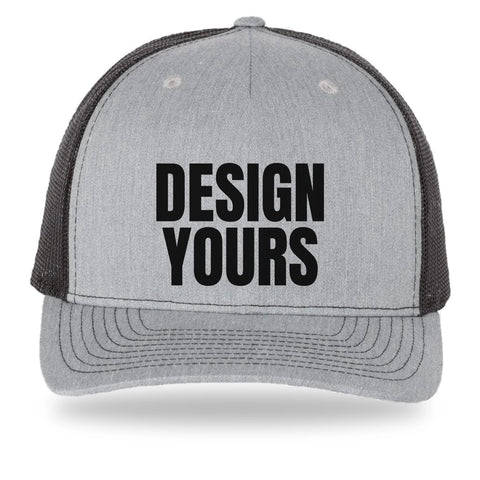 Custom printed Richardson 112FP trucker hat, heather grey five-panel front with black mesh and a black DESIGN YOURS print