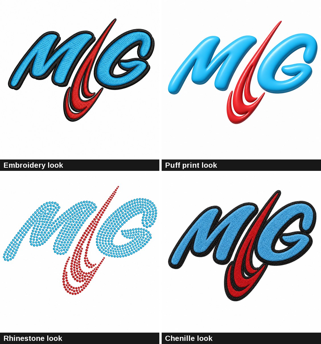The Martin Graphics logo converted to embroidery, puff print, rhinestone and chenille looks by the AI style designer