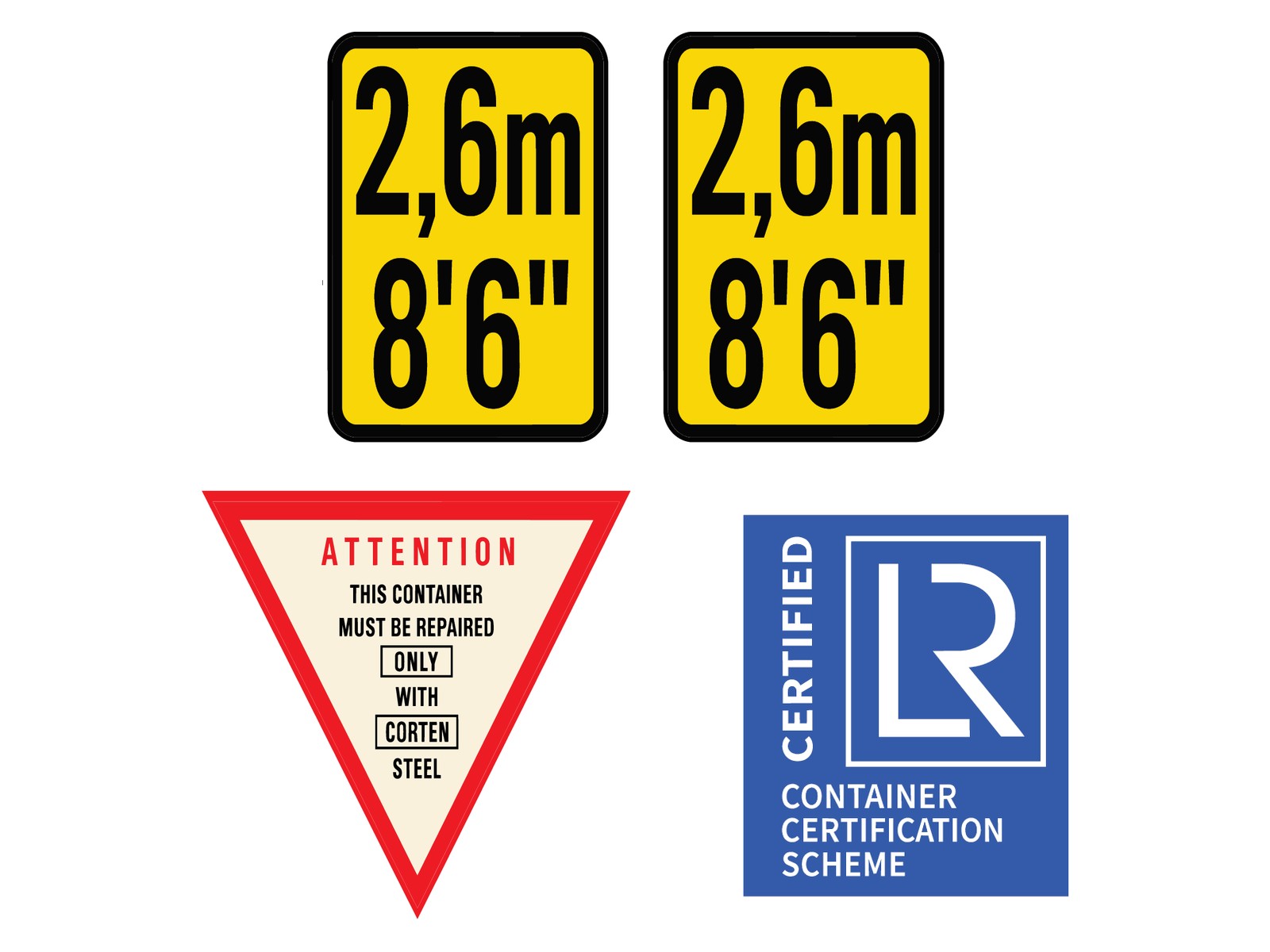 The printed decals included with every set: two height marks, an attention triangle and a certified plate