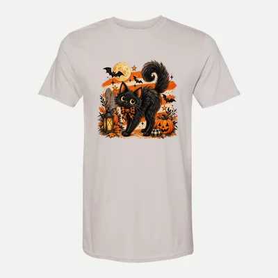 Black Cat Halloween Fluffy shirt in Ice Grey