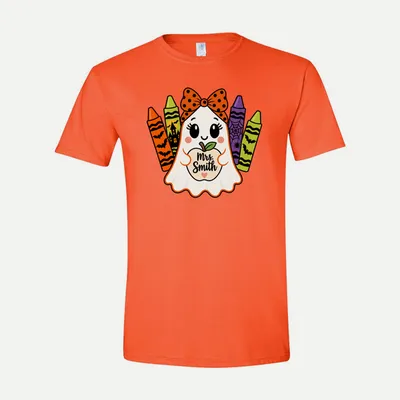 Halloween Teacher Ghost Crayon Apple shirt in Orange