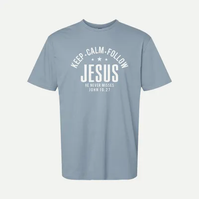 Keep Calm Follow Jesus Christian shirt in Stone Blue