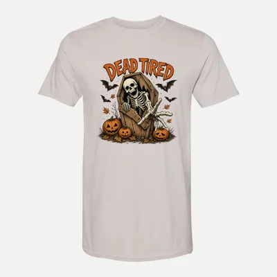 Halloween Dead Tired Skeleton Coffin shirt in Ice Grey