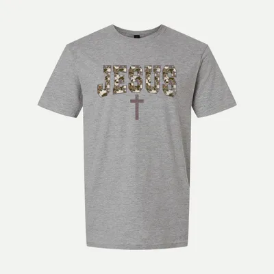 Camo Jesus Christian Bible Verse shirt in Sport Grey