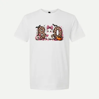Pink Leopard Boo Ghost Halloween shirt in White