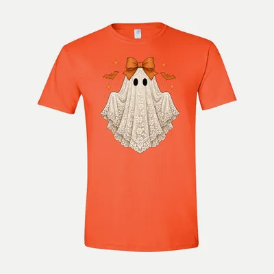 Coquette Halloween Lace Ghost Bow shirt in Orange