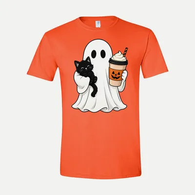 Cute Halloween Ghost Black Cat shirt in Orange