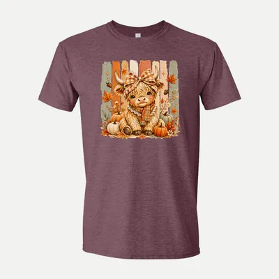 Fall Highland Cow Coquette shirt in Heather Maroon