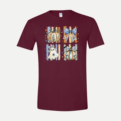 Coquette Halloween Pumpkin Bow shirt in Maroon