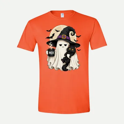 Ghost Black Cat Halloween Coffee shirt in Orange