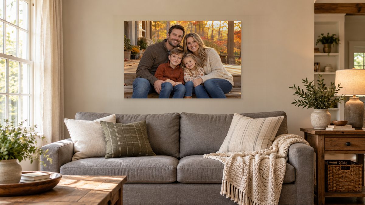 A 36 by 24 inch canvas print of a family photo hanging over a sofa in a living room.