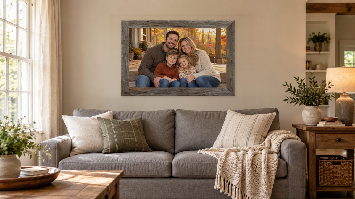 The same 36 by 24 inch canvas over the sofa, with a rustic barn wood frame printed around the family photo.