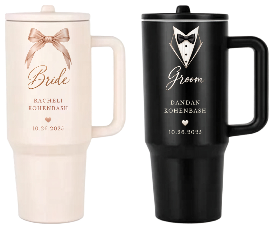 A cream tumbler for her and a black tumbler for him, side by side, each printed in full color with a sample Bride and Groom design.