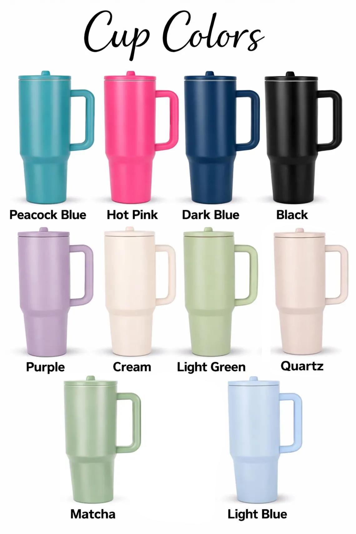 Tumbler cup colors chart: Peacock Blue, Hot Pink, Dark Blue, Black, Purple, Cream, Light Green, Quartz, Matcha and Light Blue