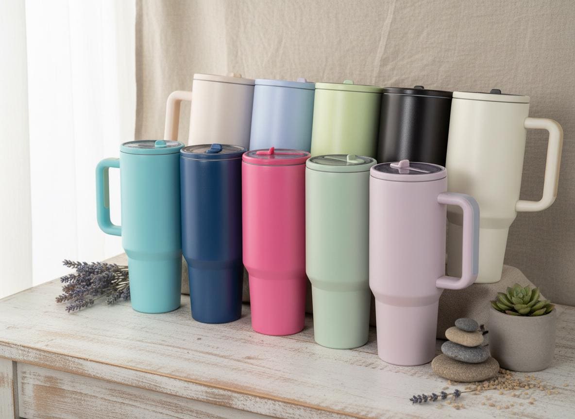 40 oz tumblers with handles and lids lined up in ten colors