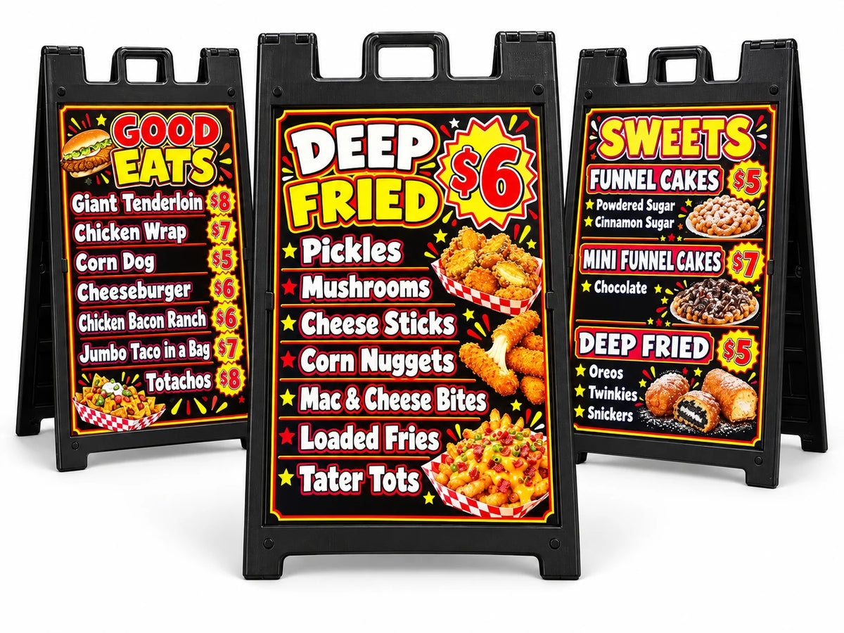 Three black Signicade Deluxe A-frame sidewalk signs with custom printed carnival food menus: Good Eats, Deep Fried and Sweets