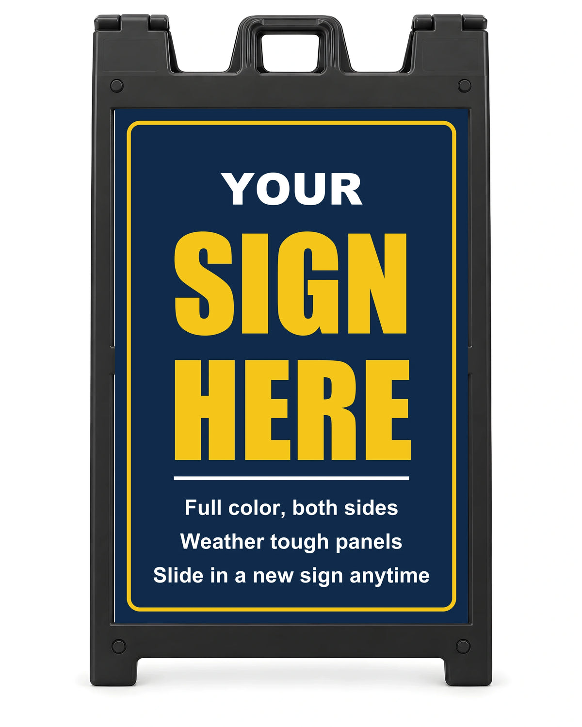 Custom printed 24 x 36 inch sign in a black Signicade Deluxe A-frame sidewalk sign, shown straight on