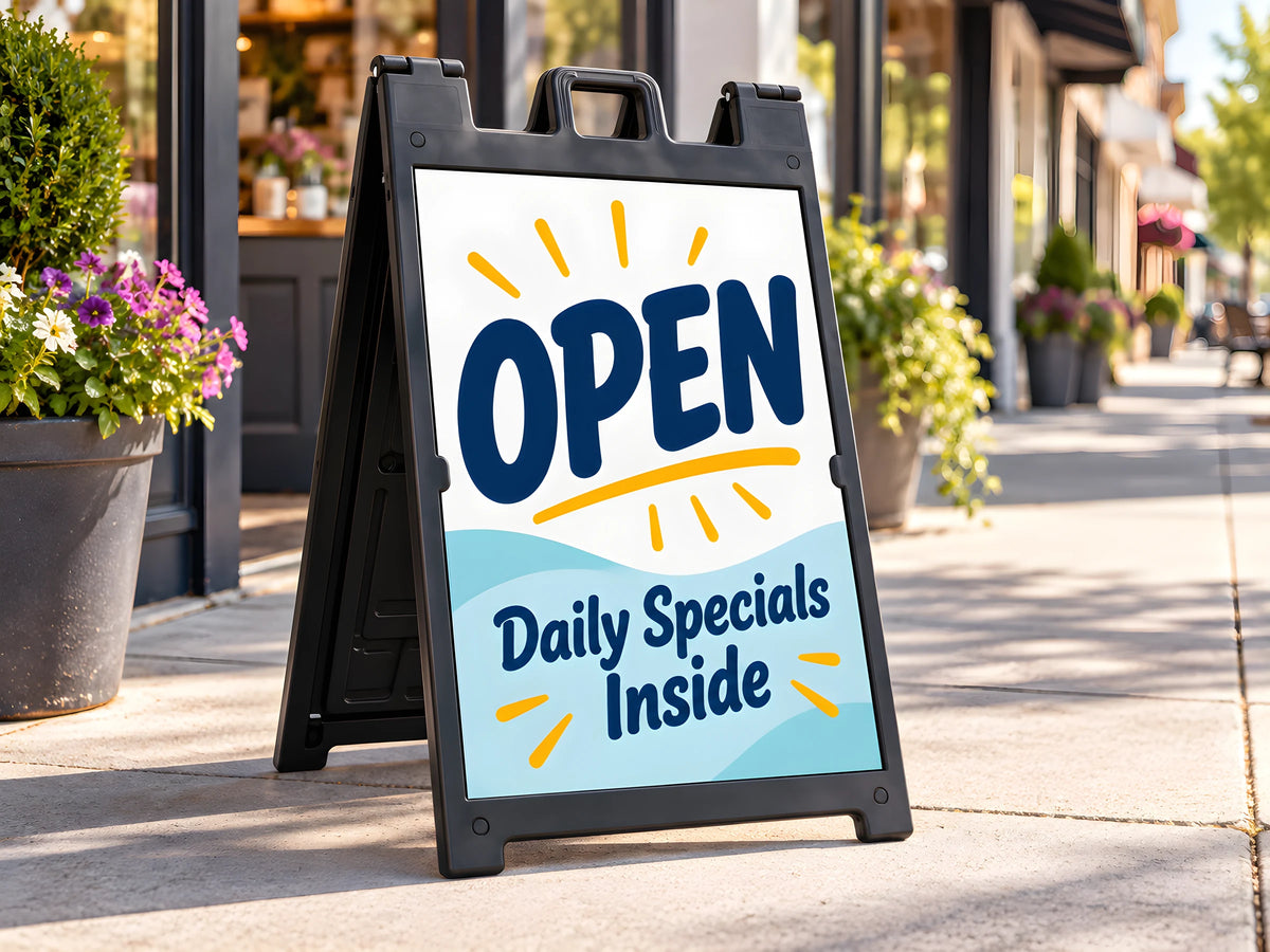 Black Signicade Deluxe A-frame sidewalk sign with a custom printed OPEN sign, standing on a storefront sidewalk