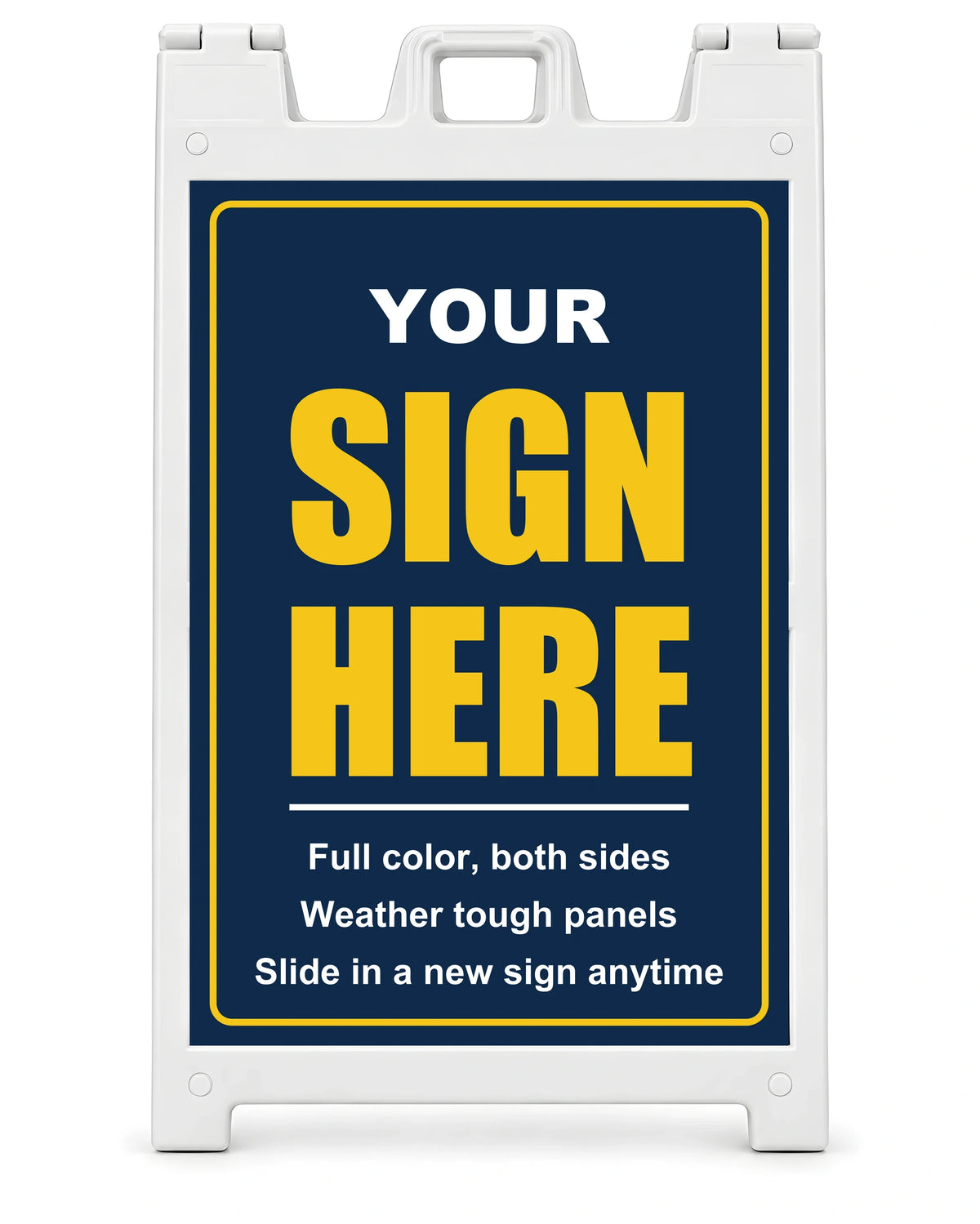 Custom printed 24 x 36 inch sign in a white Signicade Deluxe A-frame sidewalk sign, shown straight on
