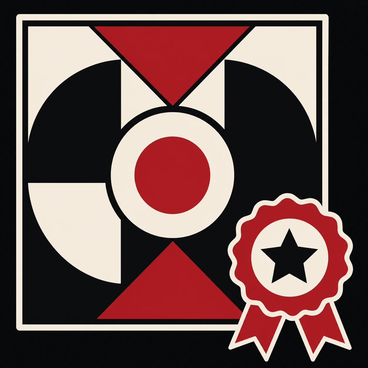 AI design file emblem: a framed square of bold red, black and cream artwork with an award seal, marking full rights