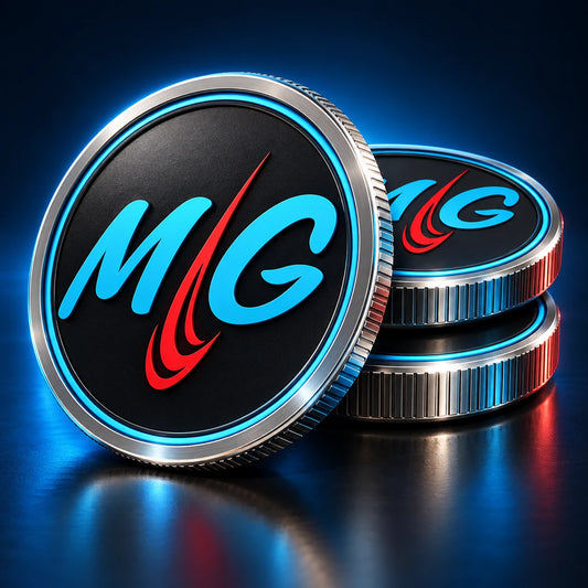 Three chrome-rimmed black credit tokens struck with the Martin Graphics MG mark, for AI style conversions in the designer