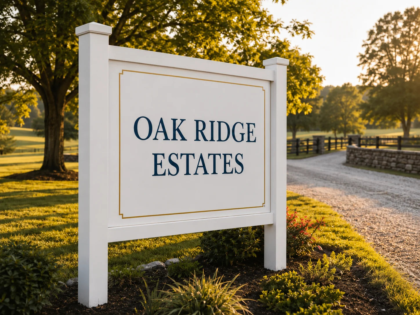 White AlumaCorr rigid aluminum sign in a post and rail frame at a countryside property entrance