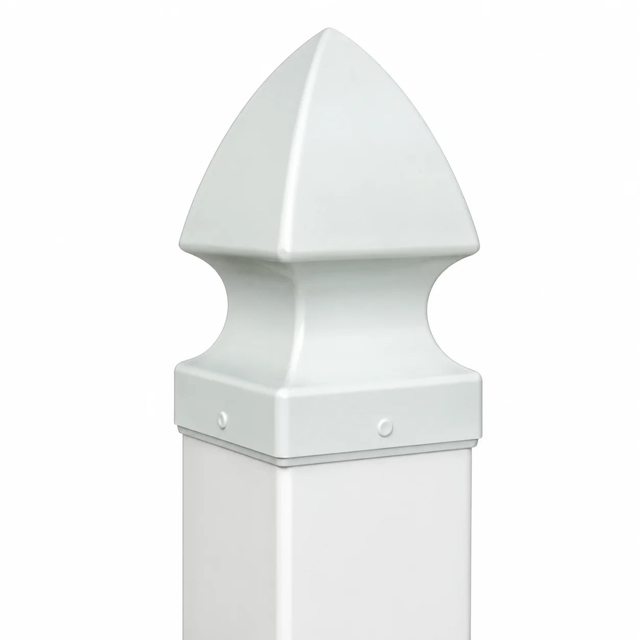 Gothic style post cap upgrade — decorative pointed finial on a white vinyl sign post