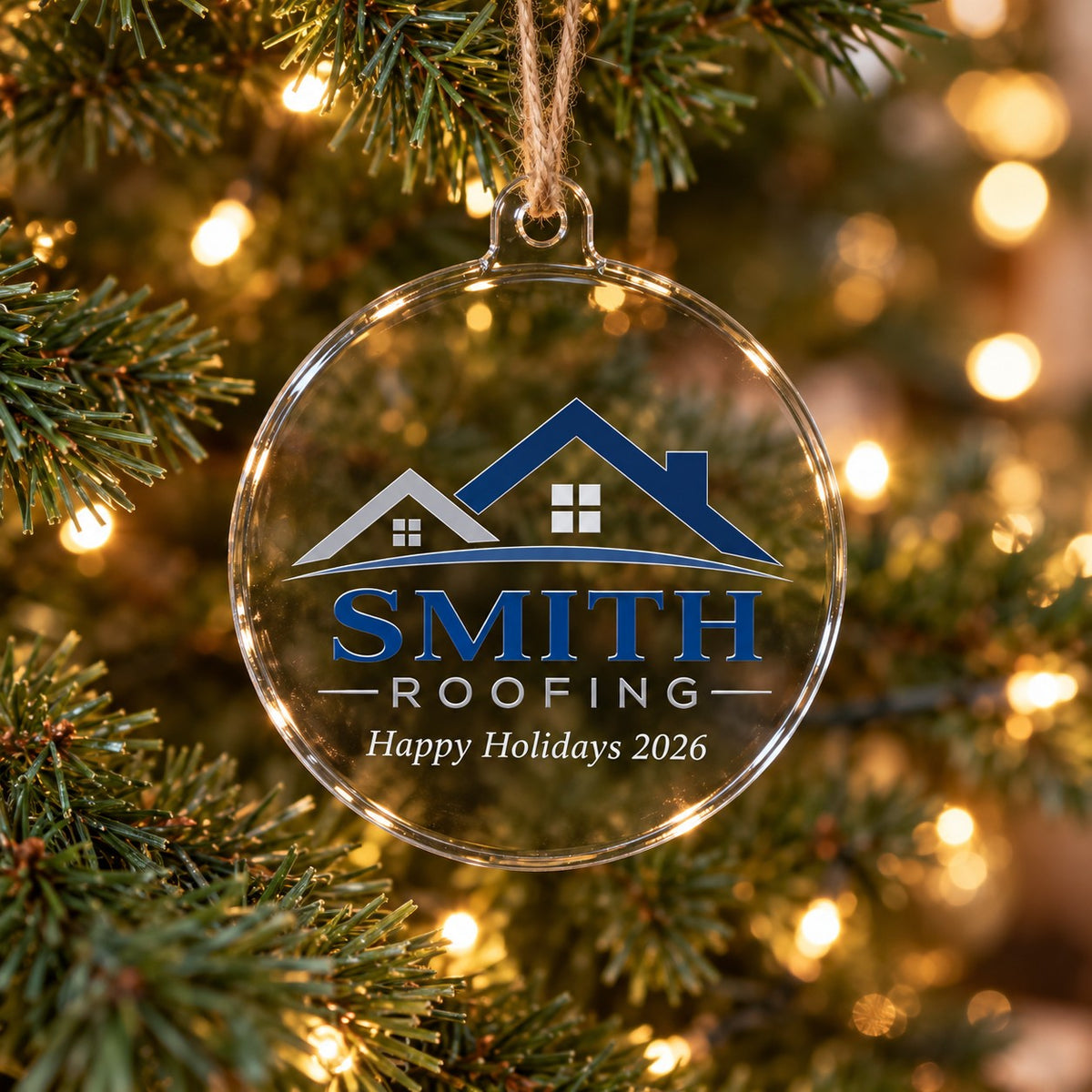 Custom business logo ornament, 3 inch clear acrylic, printed full color, hanging on a Christmas tree