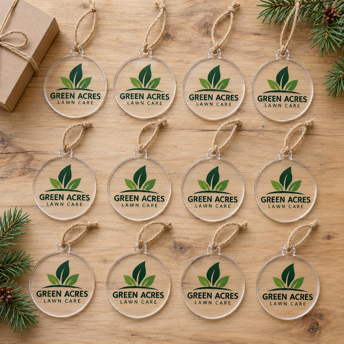Bulk order of custom business logo ornaments, clear acrylic with jute twine