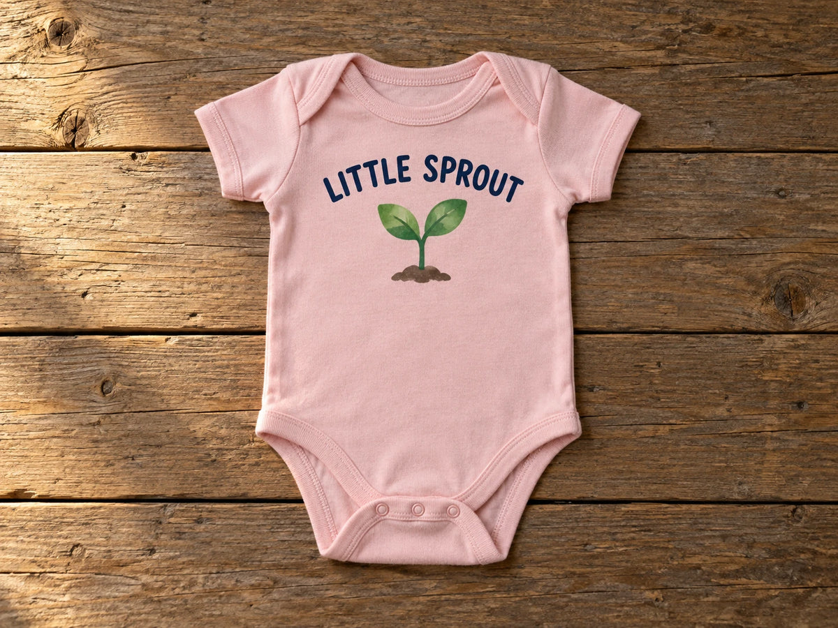 Custom blush pink Rabbit Skins infant bodysuit printed with a Little Sprout seedling design, laid flat on weathered wood
