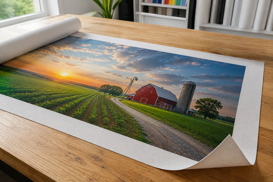 Custom matte canvas print of a farm at sunrise with a white stretching border, unrolled on a worktable