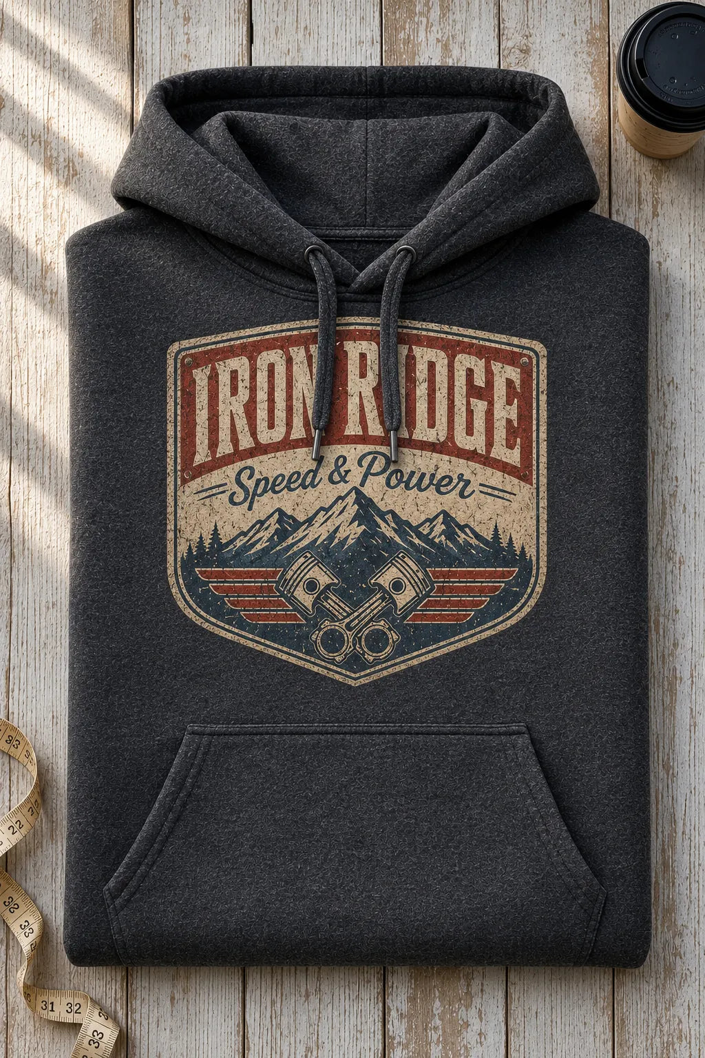 Custom charcoal heather Gildan Heavy Blend hoodie folded on a wood table, full color badge design DTF printed on the chest