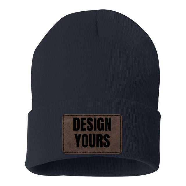 Custom leather patch beanie, navy Sportsman SP12 cuffed beanie with a laser-etched brown leatherette patch reading Design Yours