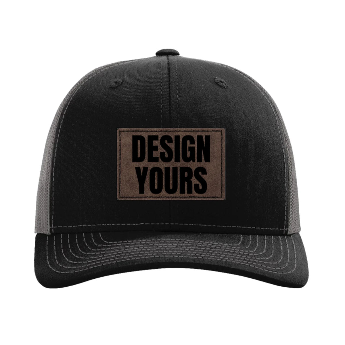 Custom laser-etched leatherette patch hat, black and charcoal Richardson 112, dark brown stitched patch reading Design Yours