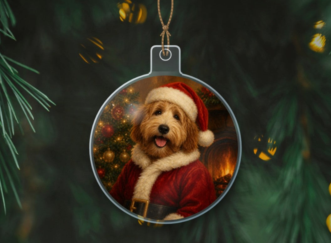 Custom photo ornament: a dog painted as Santa in a clear acrylic ornament hanging by natural twine on a Christmas tree