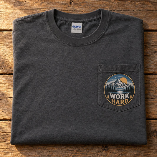 Custom Gildan Ultra Cotton pocket t-shirt in Charcoal with a WORK HARD badge DTF printed on the pocket