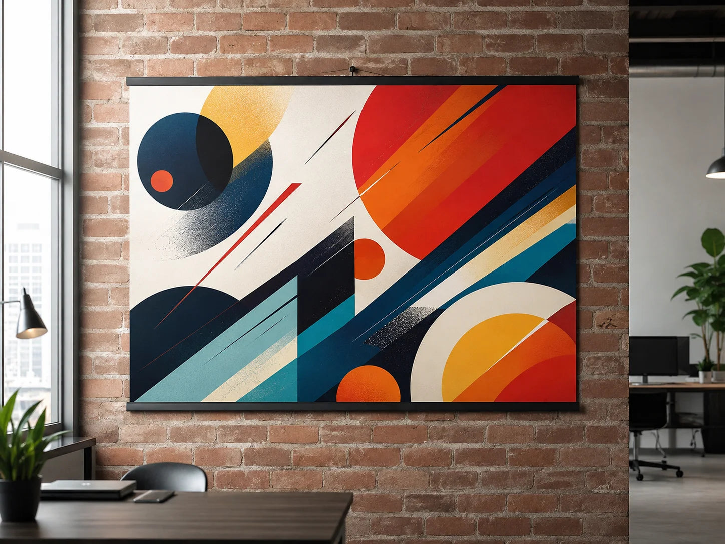 Large custom printed poster with a bold geometric design hanging on a brick office wall