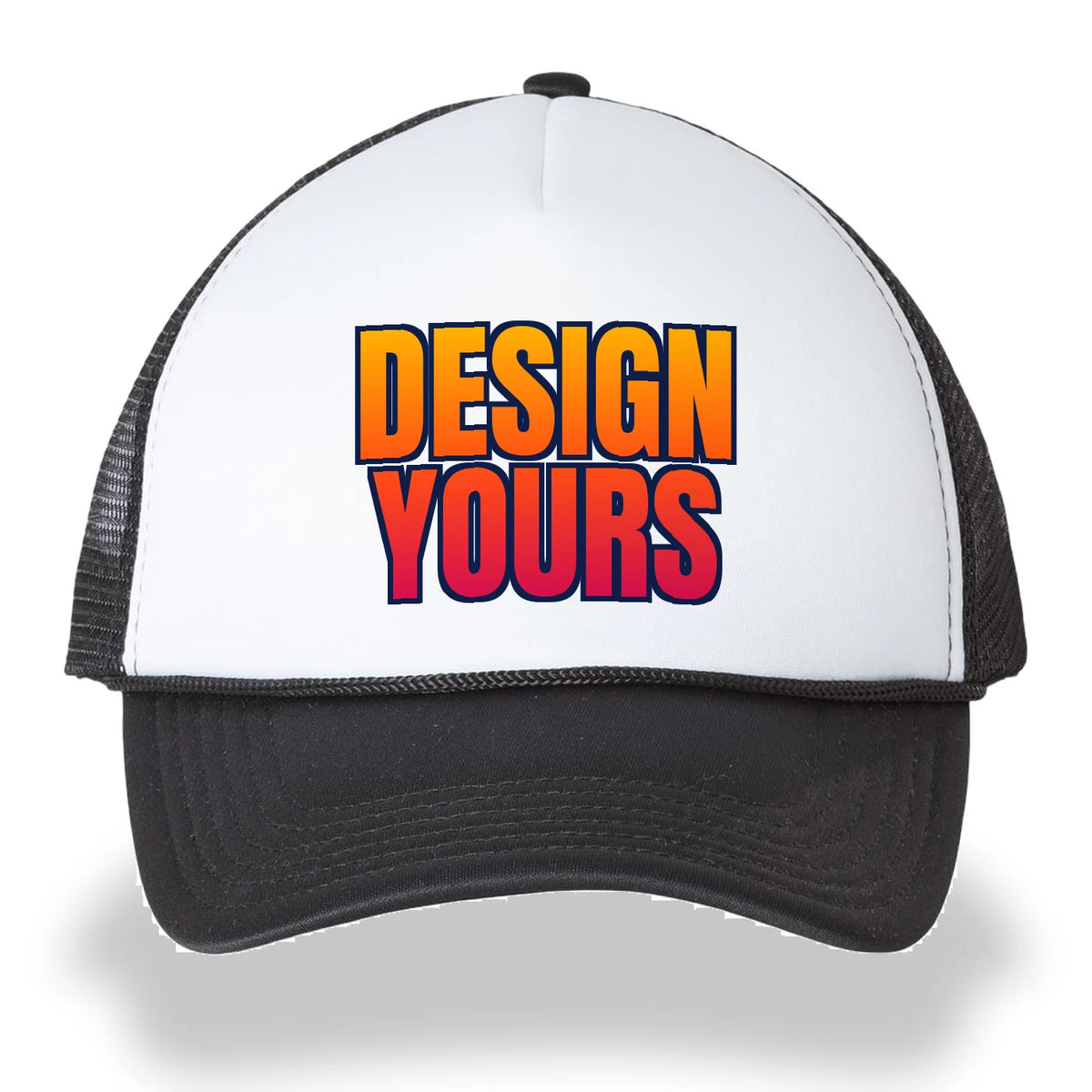 Custom printed trucker hat, a white foam front Valucap VC700 with black mesh and bill and a full-color DESIGN YOURS print