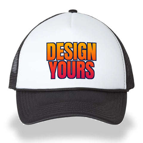 Custom printed trucker hat, a white foam front Valucap VC700 with black mesh and bill and a full-color DESIGN YOURS print
