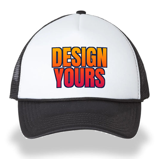 Custom printed trucker hat, a white foam front Valucap VC700 with black mesh and bill and a full-color DESIGN YOURS print